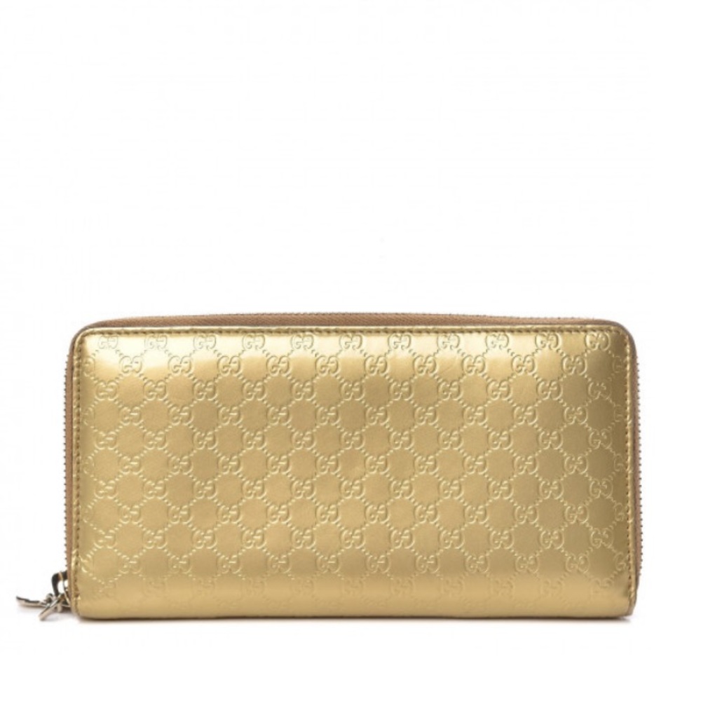 Gucci Metallic Patent Microguccissima Zip Around Heart Cluth Wallet Gold
